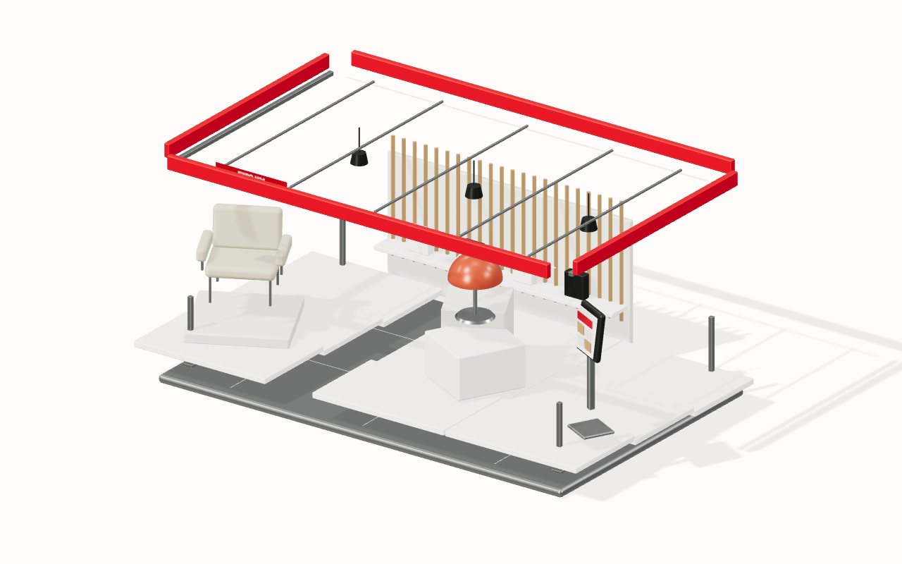 Concept of an open EXPO H24 exhibition pavilion with a red roof fascia, product displays and a digital kiosk.
