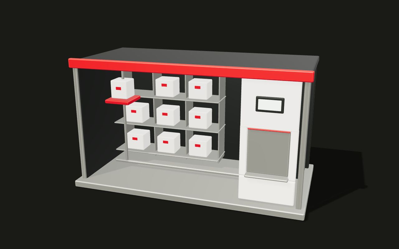 Cutaway concept of an automated pickup module, with shelves, a moving carriage and an exterior collection hatch.
